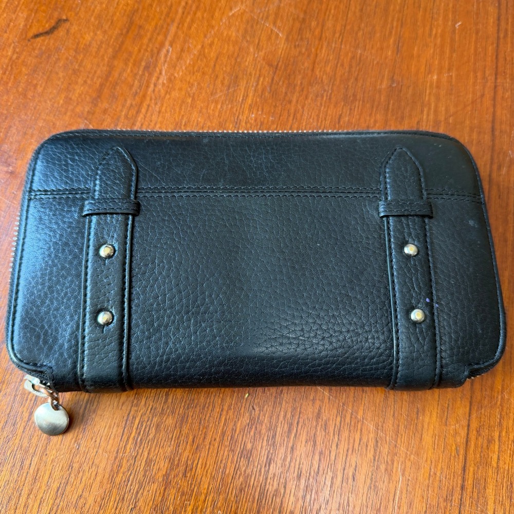 Halogen Black Pebbled Leather Studded Zip Around Continental Wallet Organizer